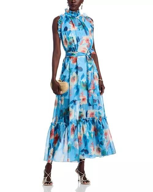 Nancy Yang Floral Maxi Dress Blue Multi Size M NWT Ruffled Skirt Summer Event