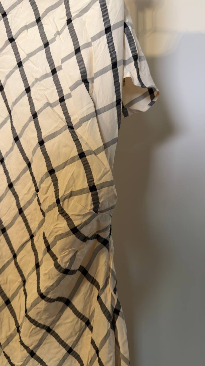 Mango Women’s Draped Neckline Checked Dress Beige XL NWT $100