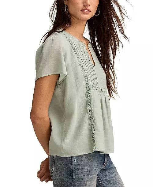 Lucky Brand Top L Surf Green Cotton Pleated Split Neck Flutter Sleeve Peasant NW