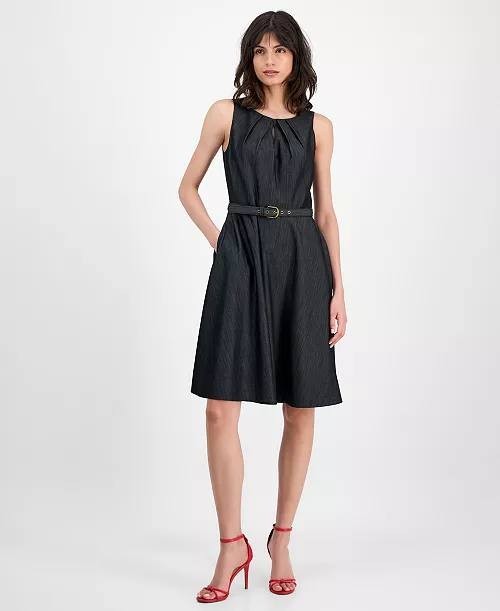Tahari ASL Belted Soft Denim Fit & Flare Dress Black 18 NWT $159