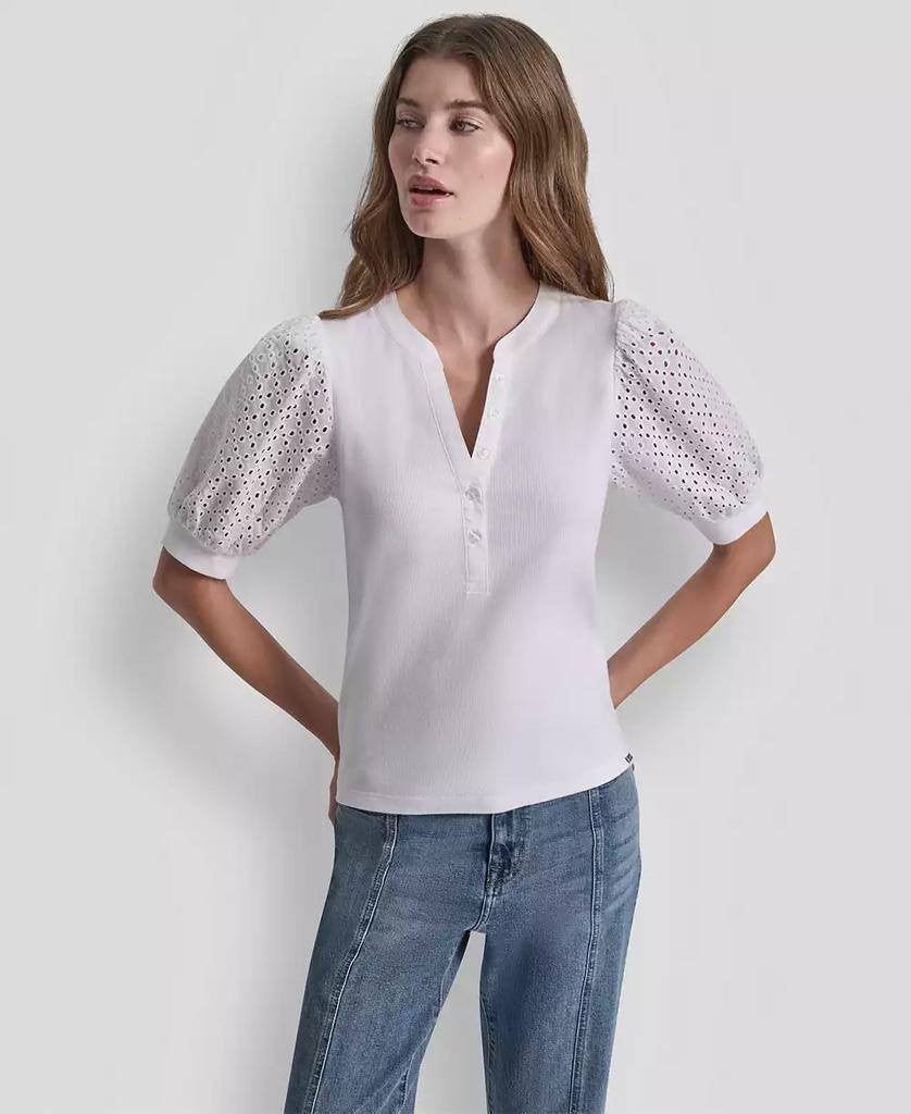 DKNY Jeans Petite Rib Body Eyelet V‑Neck Top White PXS NWT $59