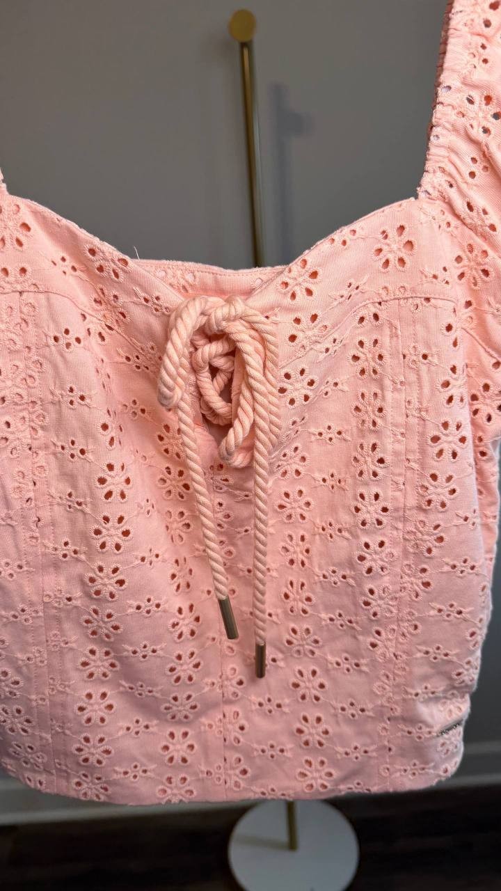 Guess Eco Embroidered Sheer Lace‑Up V‑Neck Blouse Peach Cream Multi S NWT $69
