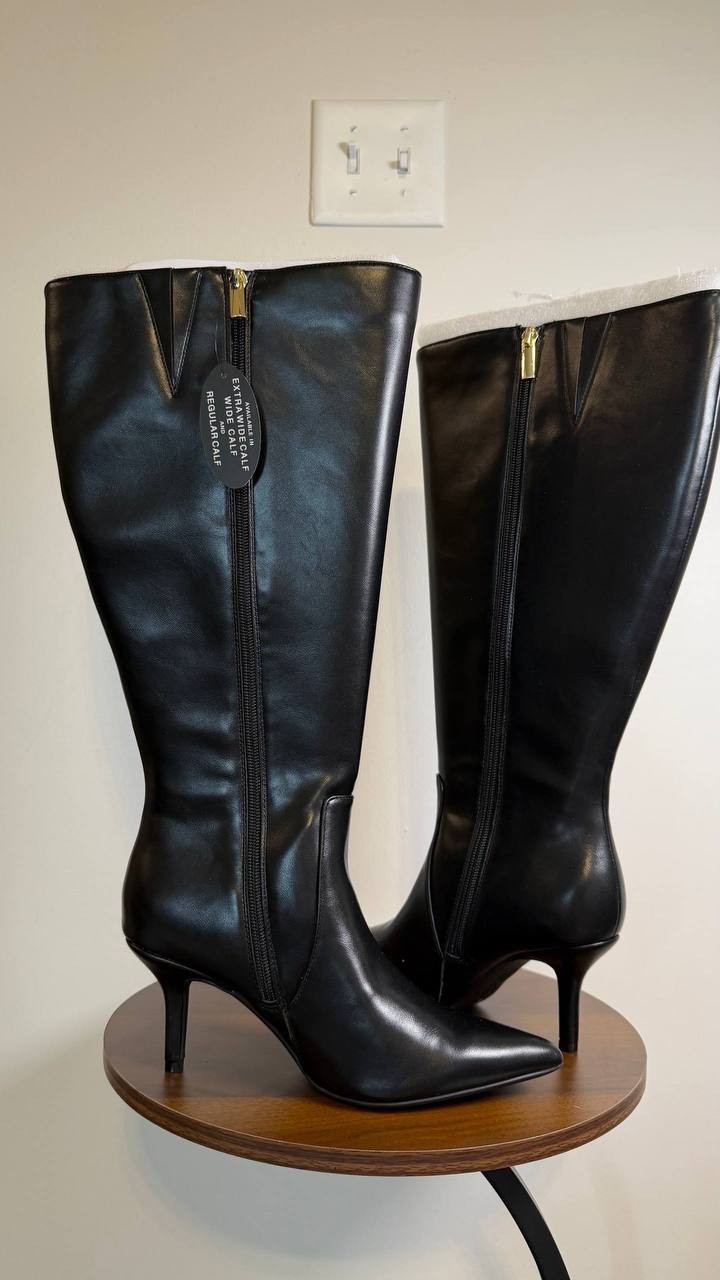 INC Mckennaa Boots 7W Black Beauty Pointy Toe Stiletto Knee‑High NIB msrp$99.90