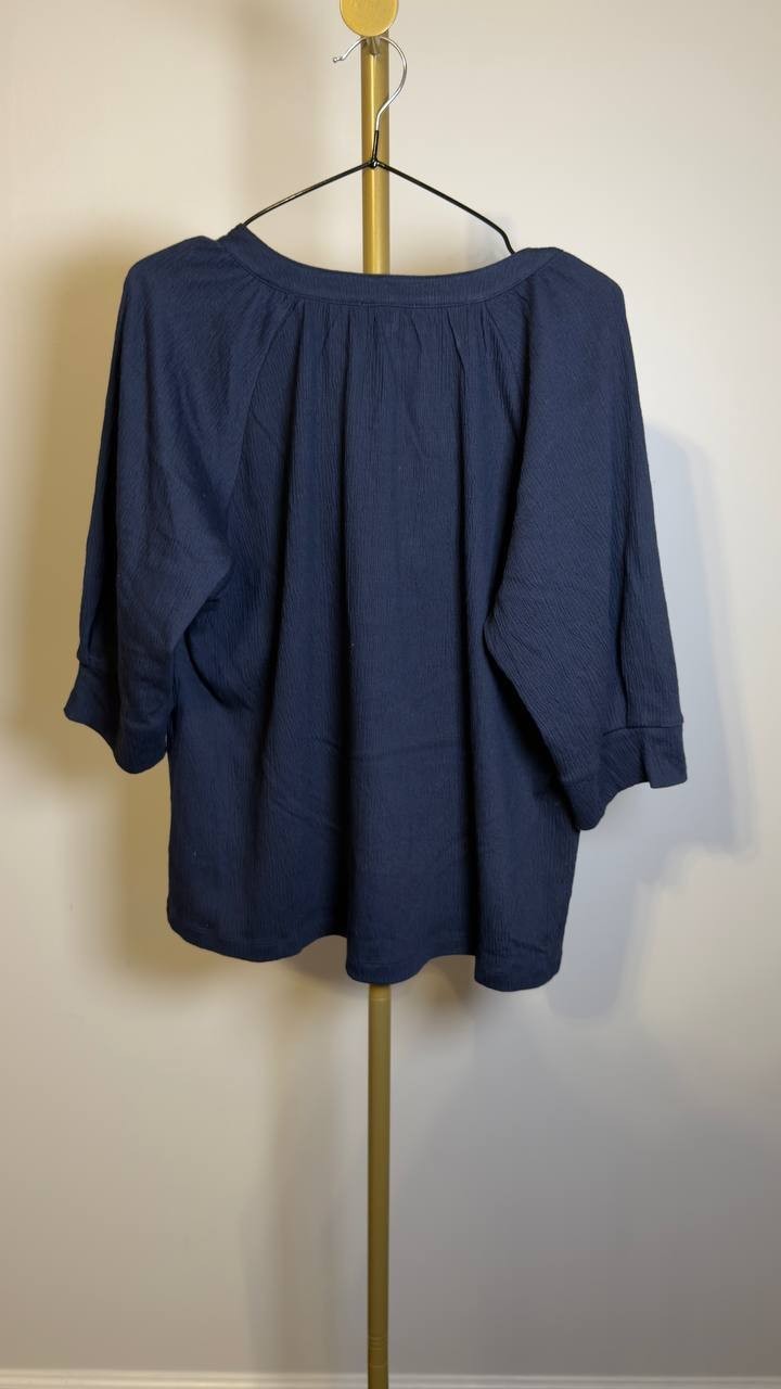 Nic+Zoe Elbow Sleeve Split Neck Crinkly Knit Top Dark Indigo L NWT $118