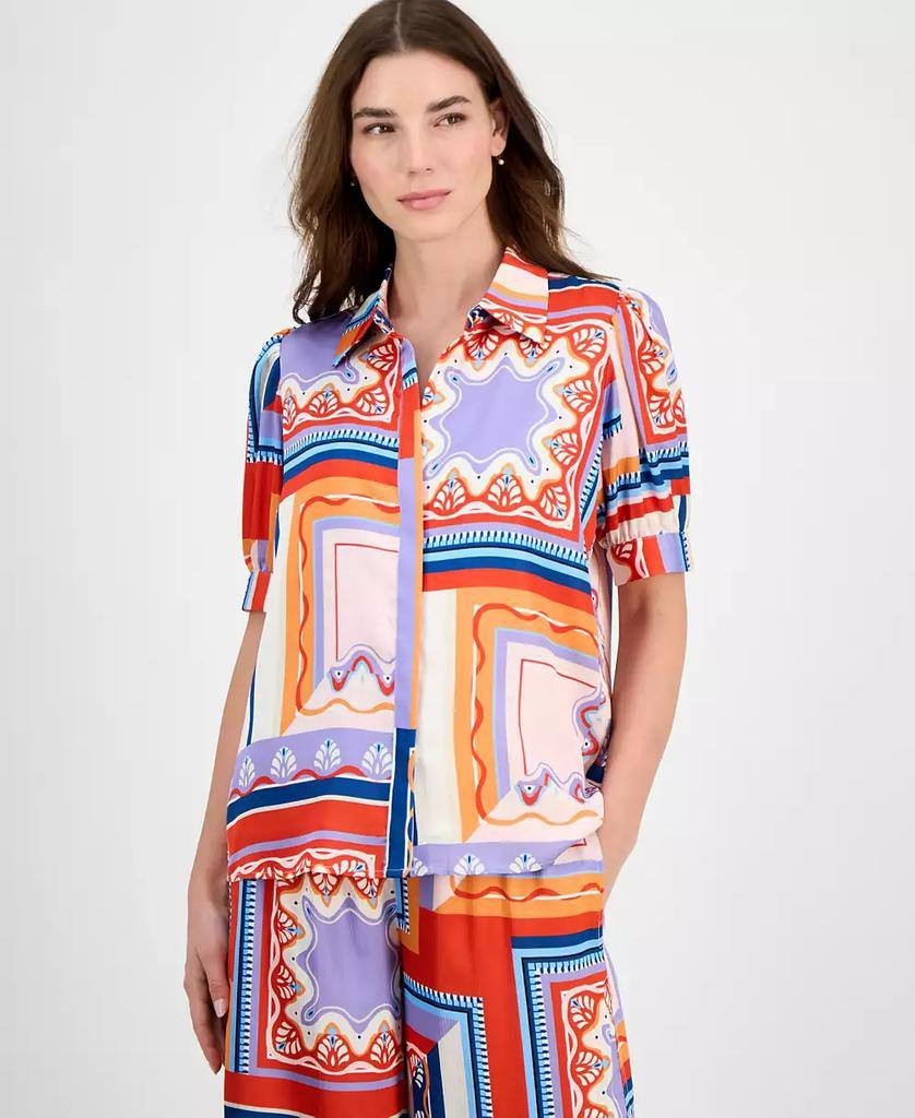 Tahari Women’s Printed Short-Sleeve Button Blouse Como Tile Print L $78 NWT