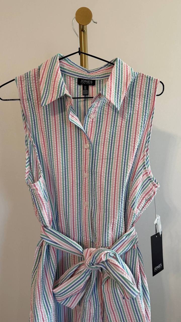 Jones New York Women’s Stripe Belted Shirtdress White Multi L $120 NWT