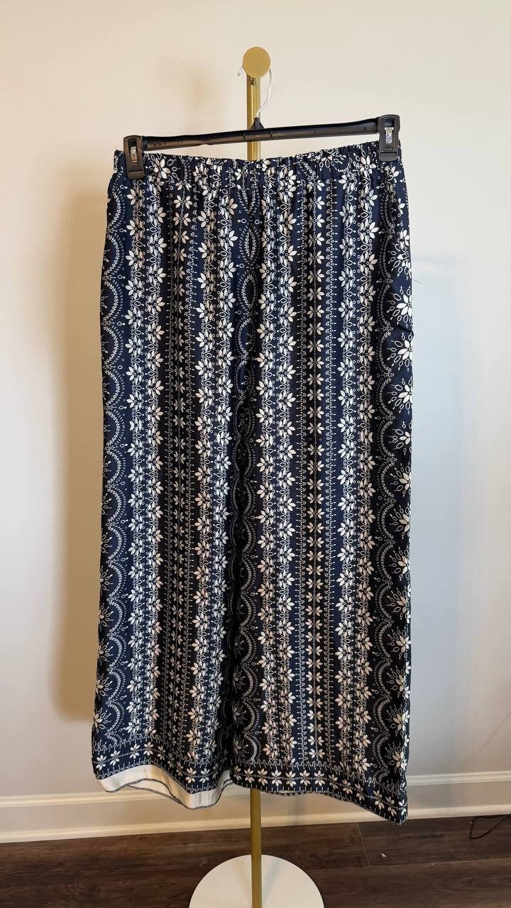 CeCe Black Mixed Print Wide Leg Pants Size L Elastic Waist Travel Casual