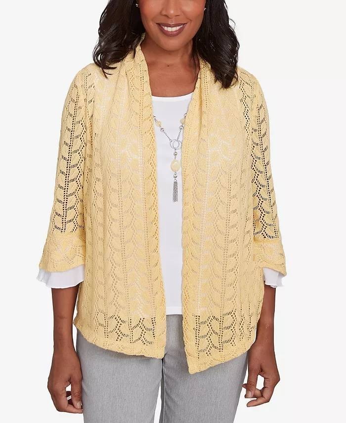 Alfred Dunner Women’s 2‑in‑1 Pointelle Knit Top Yellow White 2X $79.50 NWT