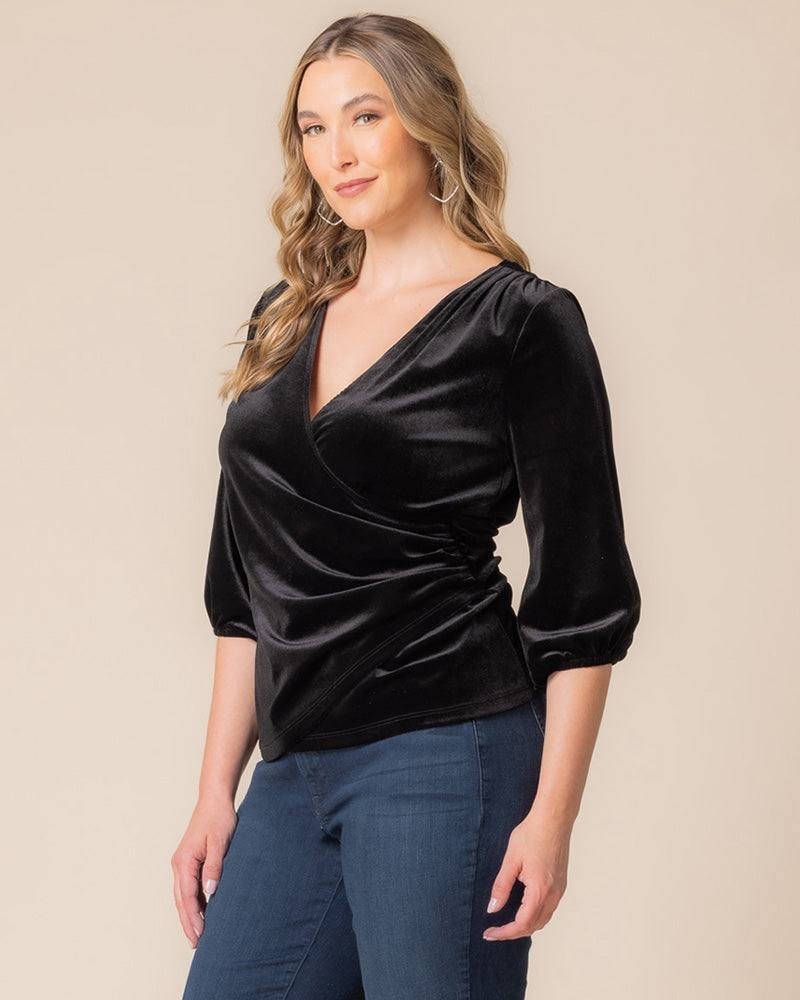 Kiyonna Odette Velvet Faux Wrap Top – Onyx, Size 0X