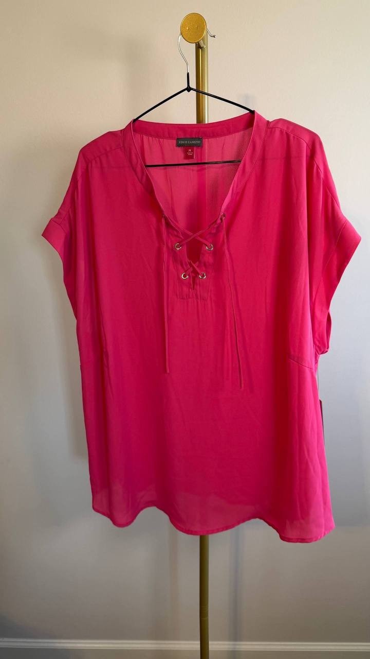 Vince Camuto Plus Size Lace‑Up Short‑Sleeve Top Pink 2X $79 NWT
