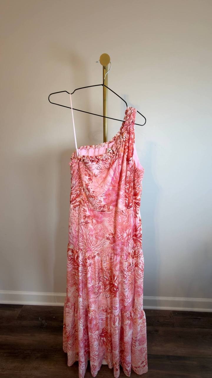 Taylor Ruffled One‑Shoulder Chiffon Maxi Dress Red Multi 14 NWOT $138