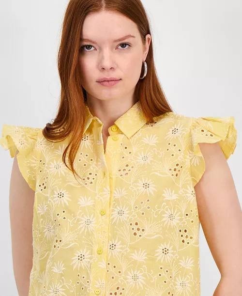 T Tahari Women’s Cotton Eyelet Flutter‑Sleeve Top Yellow $78 NWT