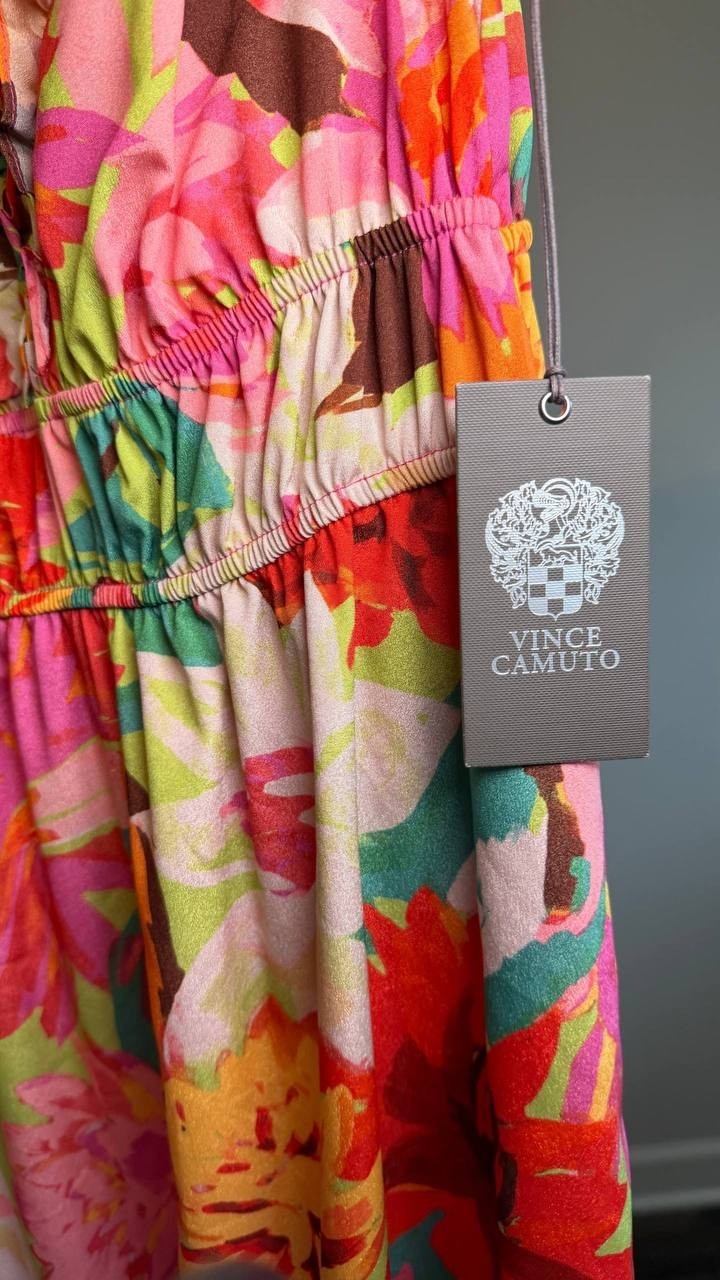 Vince Camuto Floral‑Print Ruffled‑Shoulder Midi Dress Multi 2 NWT $158