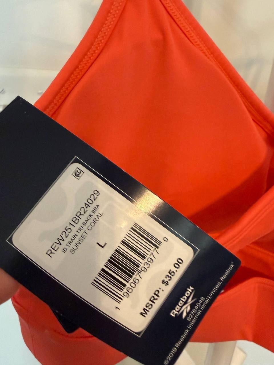 Reebok ID Train Tri‑Back Mid‑Impact Sports Bra – Sunset Coral – Size L – NWT