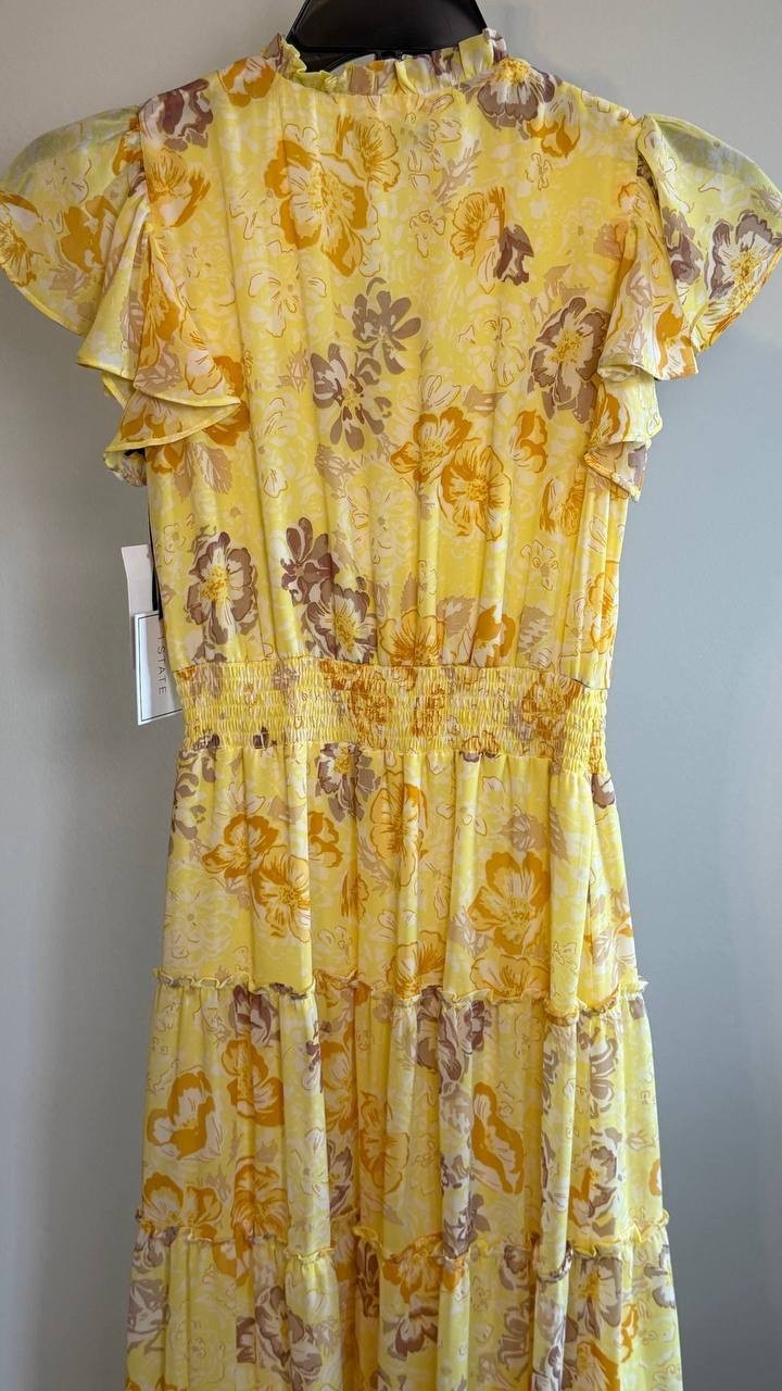 1.STATE Tiered Floral Flutter‑Sleeve Maxi Dress Lemon Meringue XS NWT $139