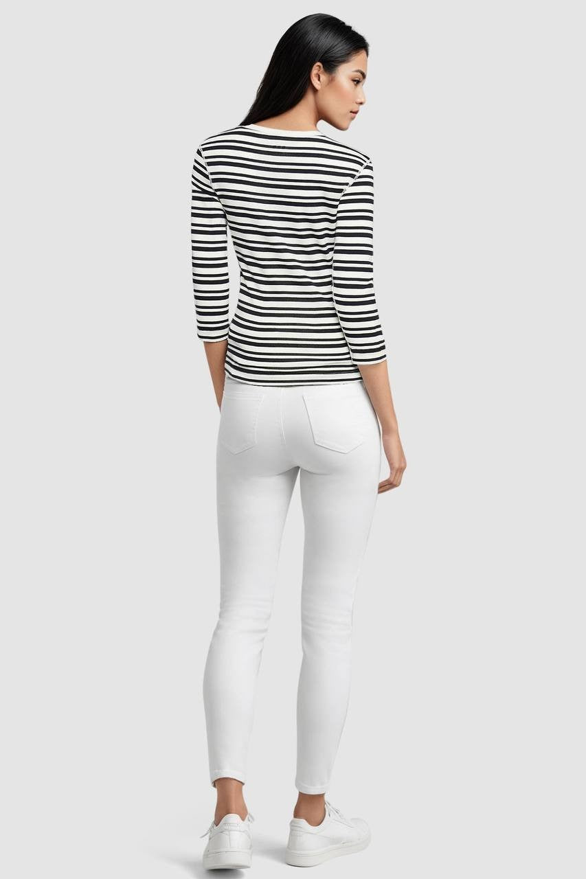 Three Dots Women’s 3/4 Sleeve V‑Neck Tee Black Beauty Stripes S $46 NWT