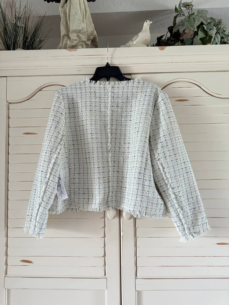 DKNY Jeans Frayed Cropped Jacket Ivory Tweed Open Front Size XL - Women