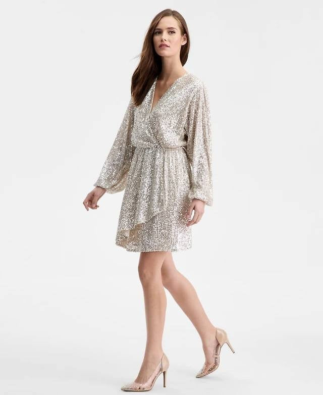 BOSS Orange Sequin Blouson-Sleeve Dress Open Beige 14 NWT $179