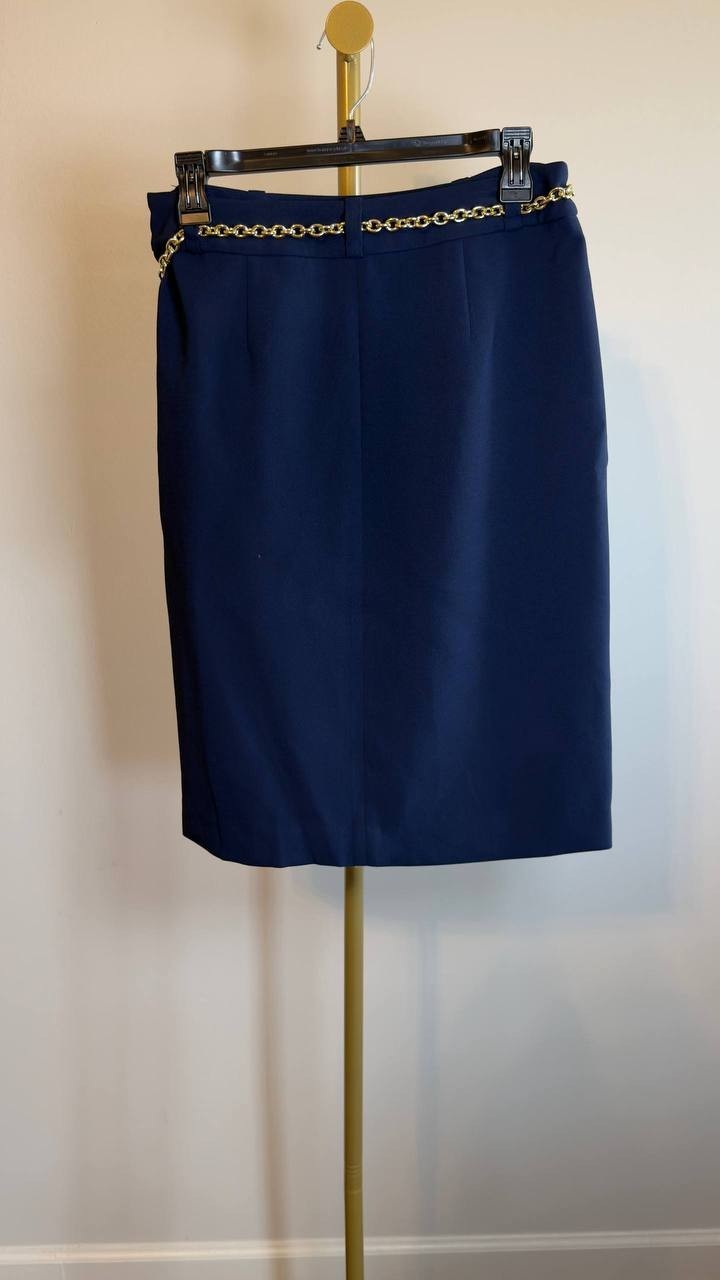 Karl Lagerfeld Paris Chain‑Belt Front‑Slit Pencil Skirt Navy 2 NWT $109