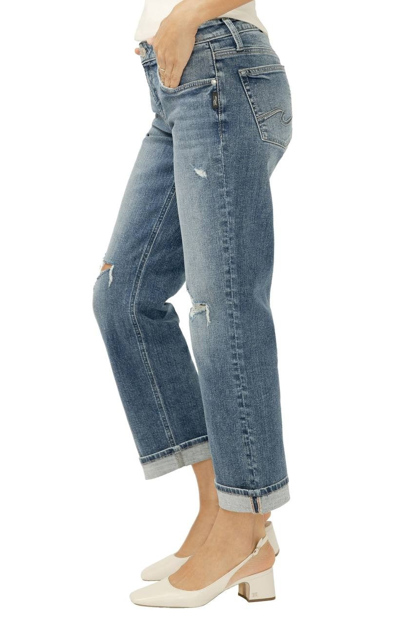 Silver Jeans Chelsea Ripped Boyfriend Straight Ankle Jeans Malabar 34 NWT $94