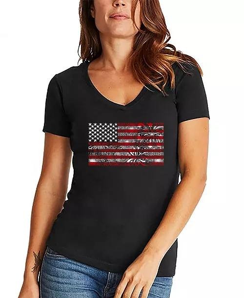 LA Pop Art Women’s Fireworks American Flag V‑Neck T‑Shirt Black L NWT $25