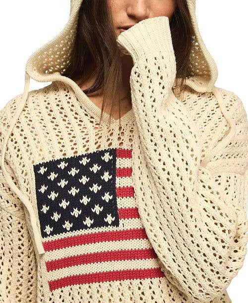 Lucky Brand Americana Flag Cotton Hooded Sweater Whitecap Gray M NWT $129