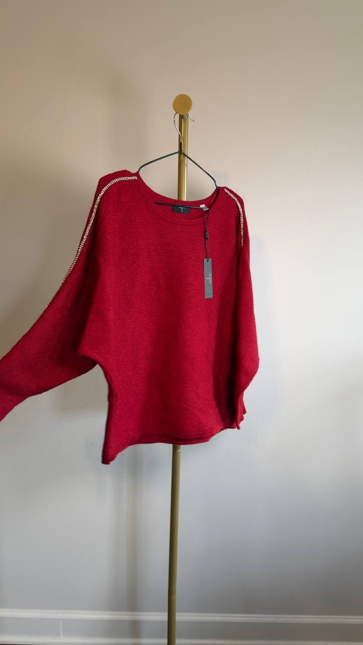 T Tahari Ribbed Embellished Dolman Sleeve Sweater S/P Baked Cherry NWT $88