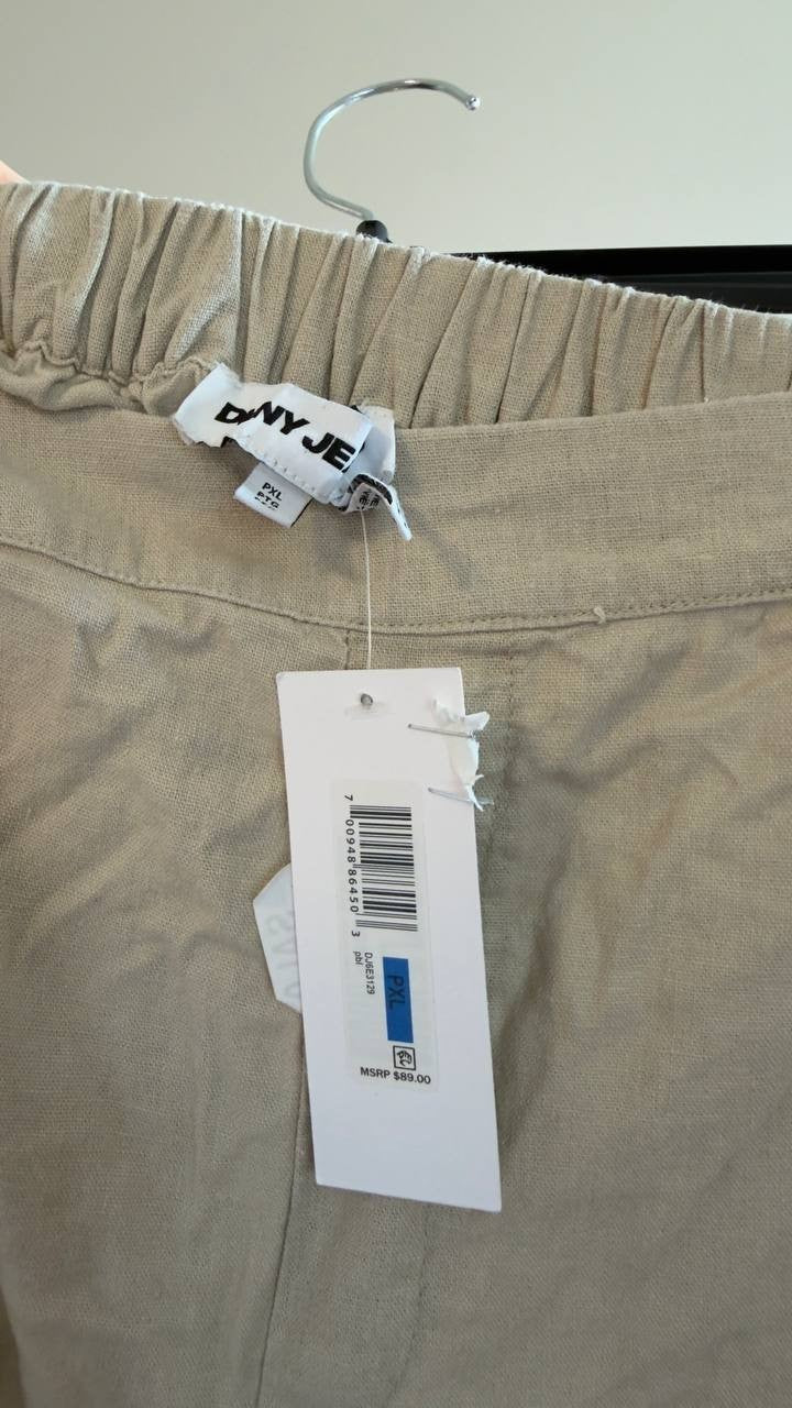 DKNY Jeans Linen‑Blend High‑Rise Pull‑On Wide‑Leg Pants Pebble PXL NWT $89