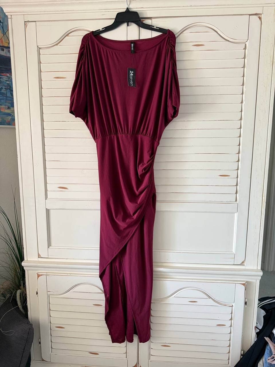 24seven Comfort Apparel Boat Neck Slit Maxi Dress Burgundy Size L NWT $104