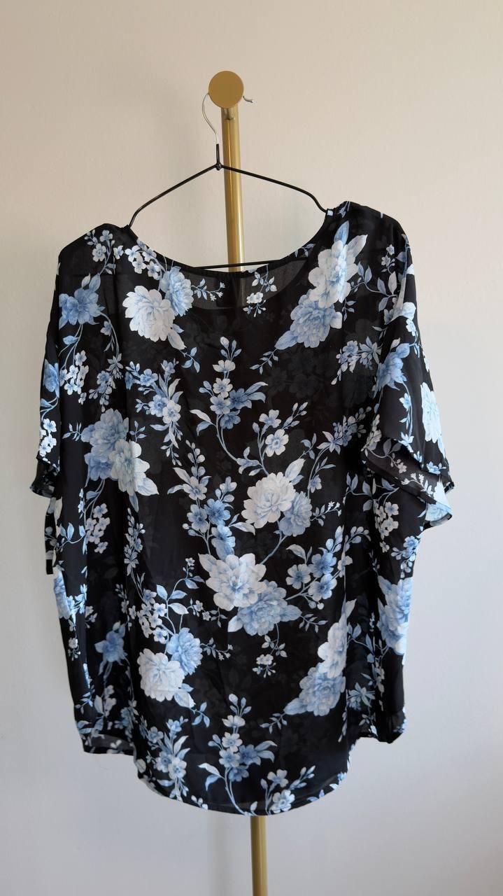 Anne Klein Boat‑Neck Flutter‑Sleeve Blouse Black Multi XL NWT $69