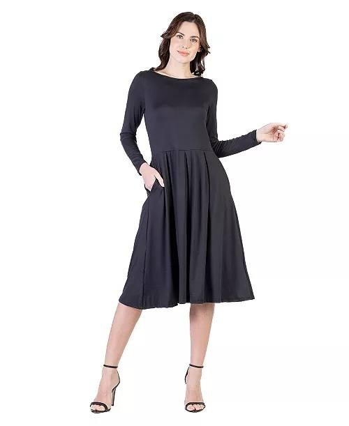 24seven Comfort Apparel Midi Fit & Flare Pocket Dress Black XL NWT $80