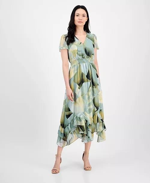 Anne Klein Floral Smocked-Waist Midi Dress – Green Multi, Size 8