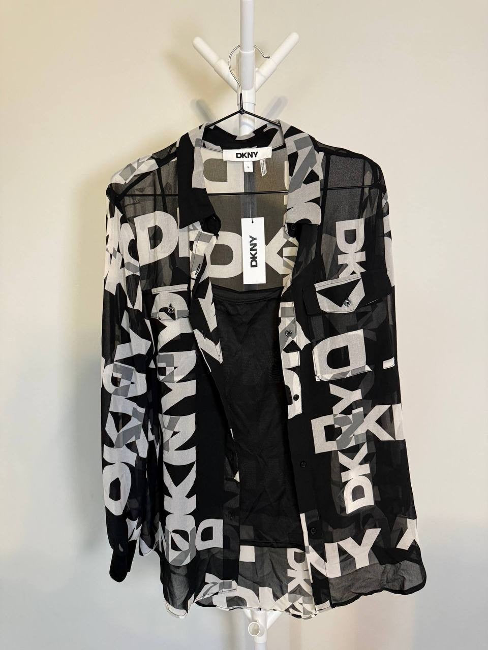 DKNY Foundation  Logo Print Blouse  Modern  Black  Size M  NWT  msrp $89