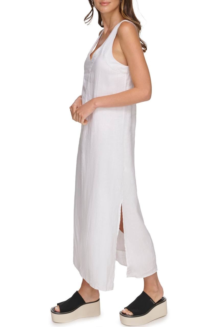 DKNY V‑Neck Linen Sleeveless Maxi Dress White S NWT $115