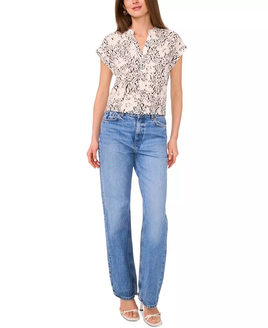 Vince Camuto XL Beige Black Printed Blouse V Neck Placket Short Sleeve Good Cond