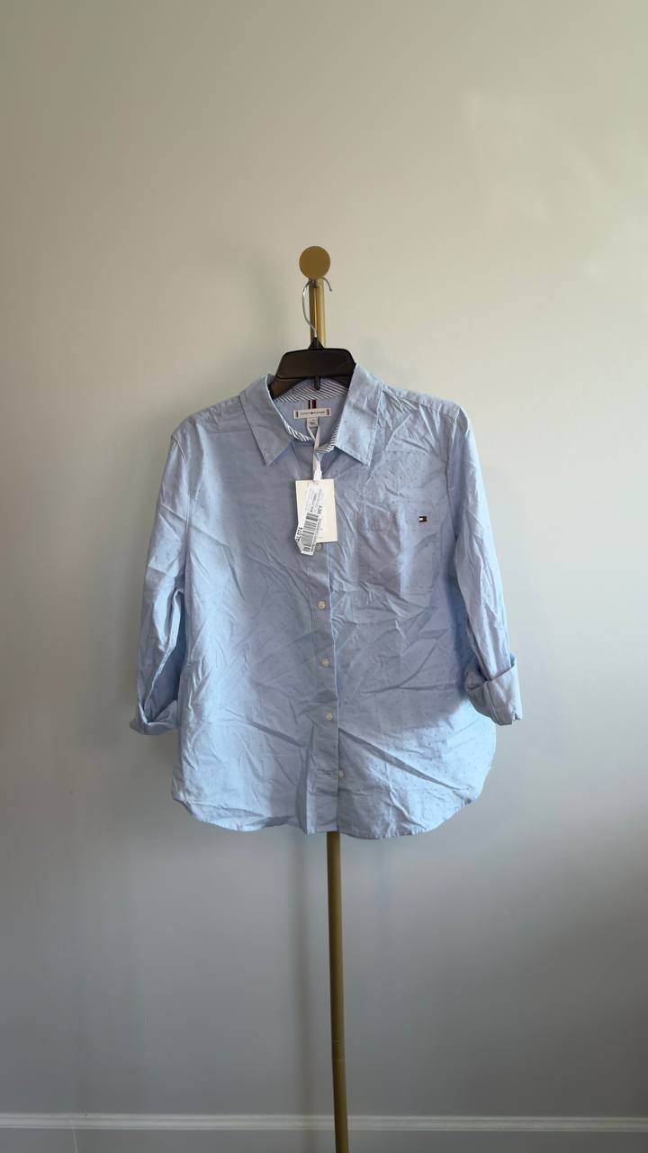 Tommy Hilfiger Women’s Clip Dot Roll‑Tab Collared Shirt Light Blue L NWT $74.50