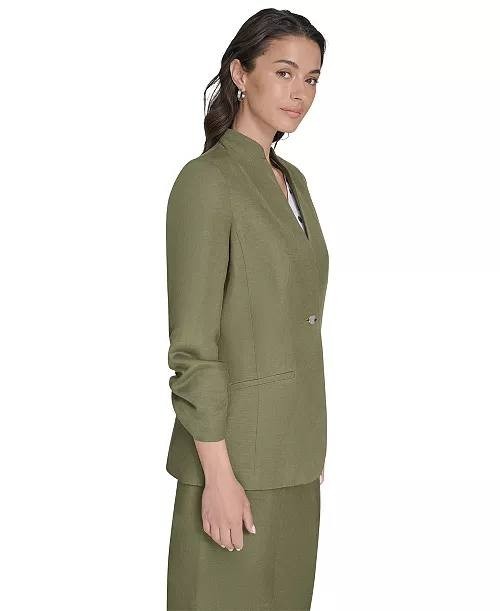 Calvin Klein Women’s Green Petite Linen-Blend 3/4-Sleeve One-Button Blazer Size