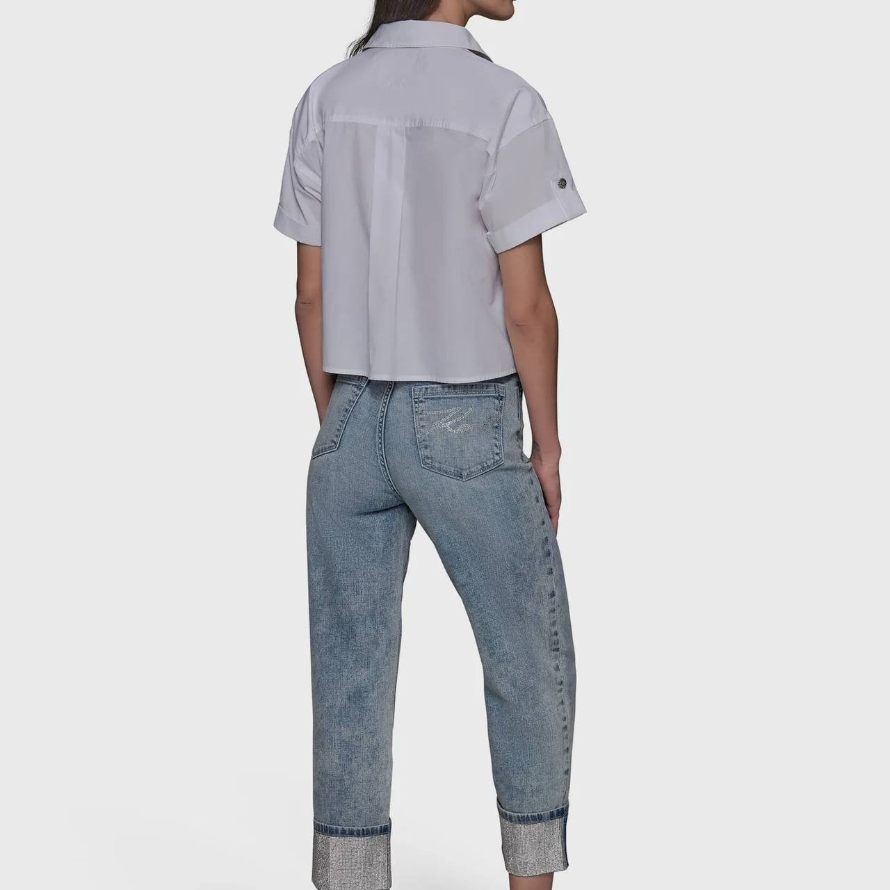 Karl Lagerfeld Paris Poplin Button Front Top White Pockets Size M NWT $89