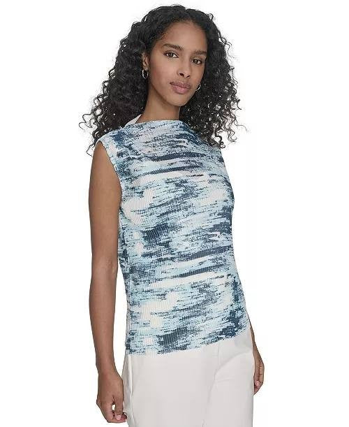 Calvin Klein Petite Printed Pleated Sleeveless Top Blue Multi PXL NWT $69