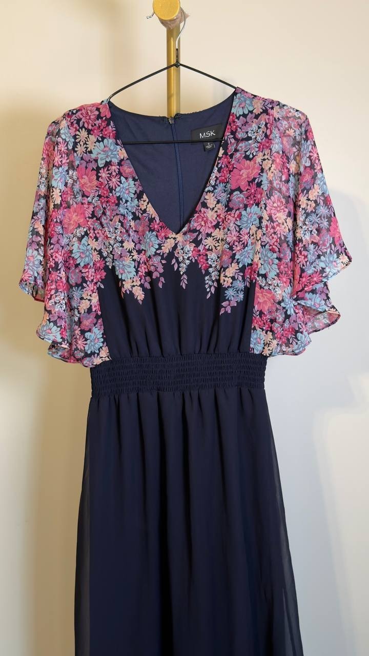 MSK Printed V-Neck Flutter-Sleeve Smocked-Waist Dress JBS Navy S NWOT $89