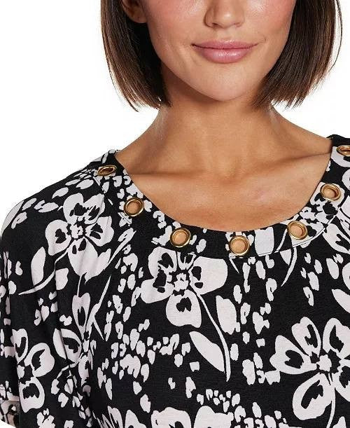 Belldini Women’s Grommet Detail Floral Knit Top Black Combo M NWT $49