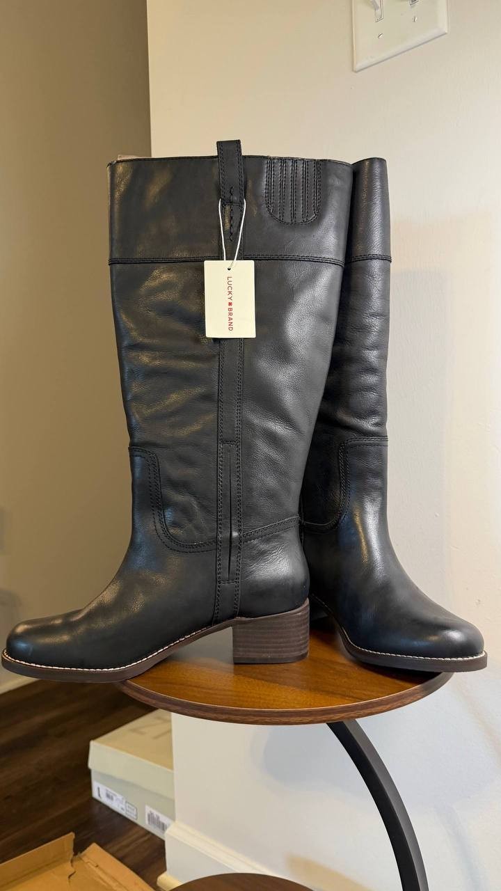 Lucky Brand Hybiscus Boots 9.5M Black Leather Pull Tabs Riding NIB msrp$229