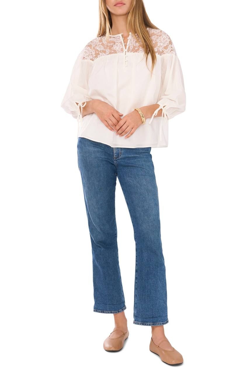 1.STATE Lace Yoke Jersey Top New Ivory S NWT $79