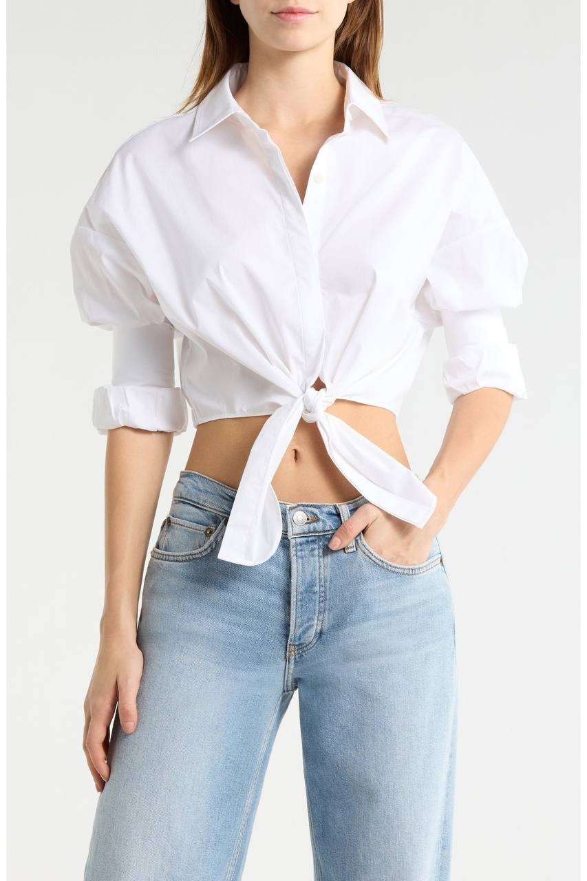 STAUD Lisa Crop Button‑Up Tie Waist Top White L NWOT $275