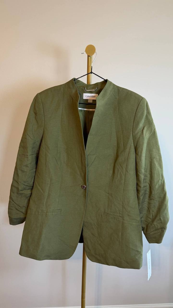 Calvin Klein Women’s Green Petite Linen-Blend 3/4-Sleeve One-Button Blazer Size