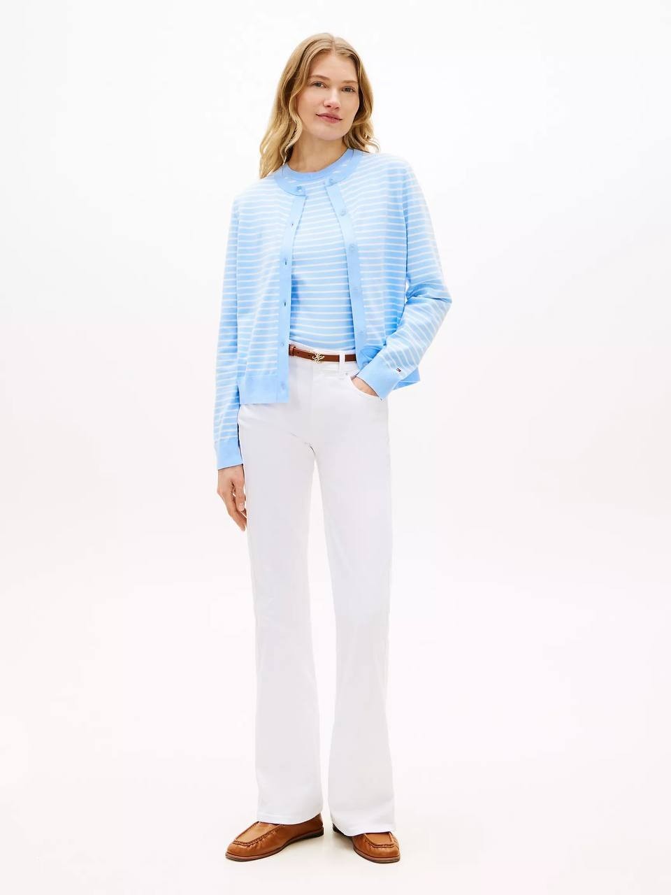 Tommy Hilfiger Crewneck Cardigan Blue/Ecru M NWT $74.50