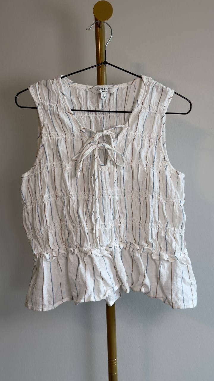 Liverpool LA Stripe Smocked Tie Sleeveless Cotton Tank Cream Blue S NWOT $89