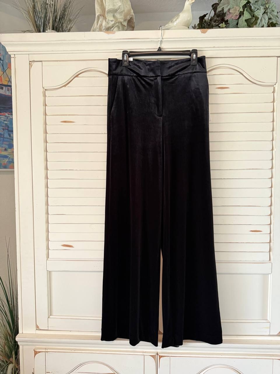 Calvin Klein Velvet Pants 10 Black Wide-Leg High Rise Stretch NWT MSRP 99$