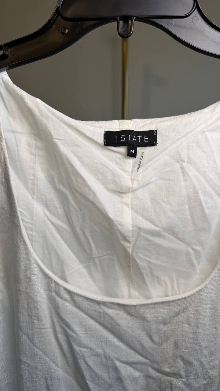 1.STATE Scoop‑Neck Full‑Circle Linen‑Blend Mini Dress White M NWT $99