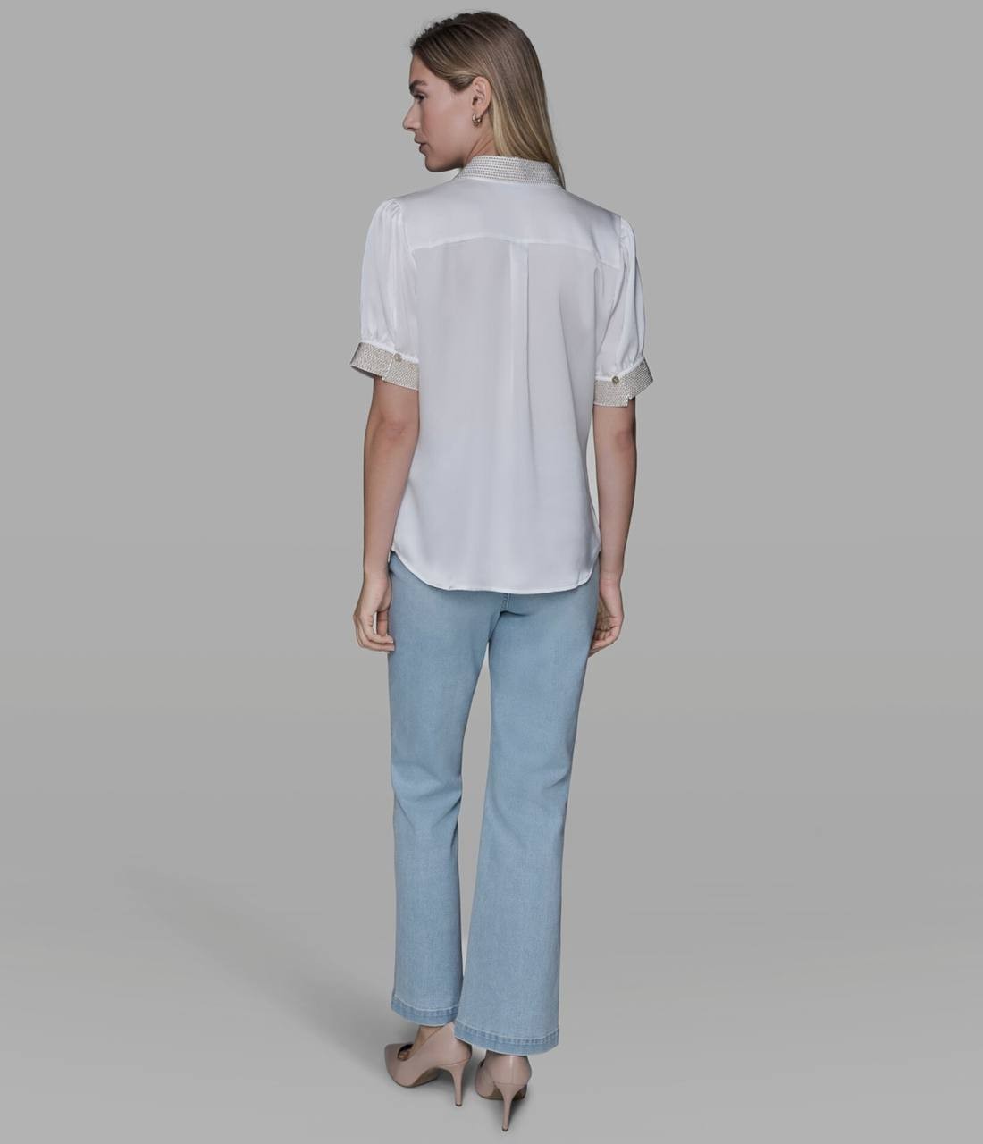 Karl Lagerfeld Paris Beaded Satin Stud Blouse Soft White M NWT $109